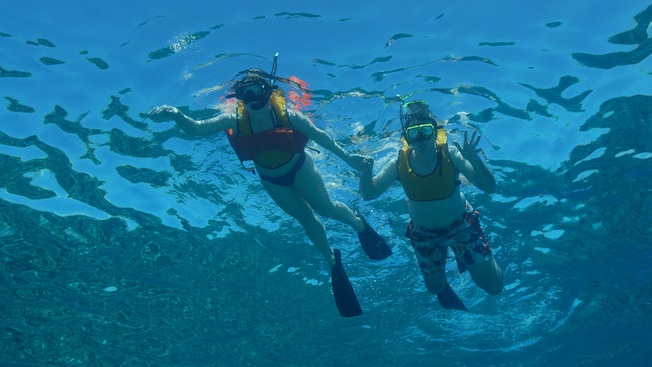 Looking up at a girl and boy outfitted in snorkel gear and holding hands as they swim at the water's surface Looking up at a girl and boy outfitted in snorkel gear and holding hands as they swim at the water's surface