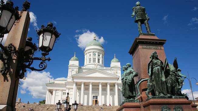 In Helsinkis main downtown, statues in front of the Lutheran Cathedral in Senate Square