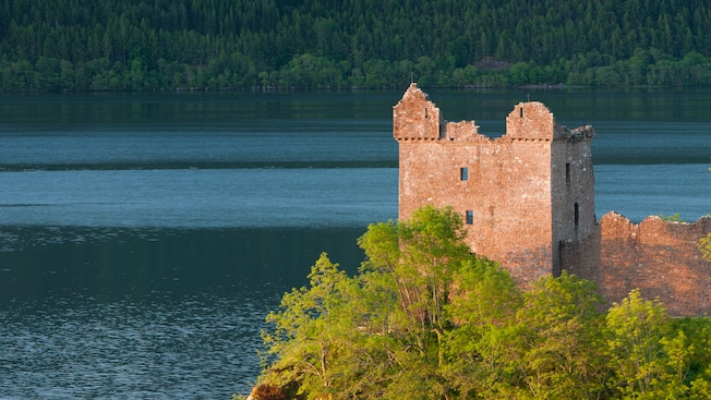 La cima del castillo de Urquhart se asoma entre las copas de los árboles al borde del lago La cima del castillo de Urquhart se asoma entre las copas de los árboles al borde del lago