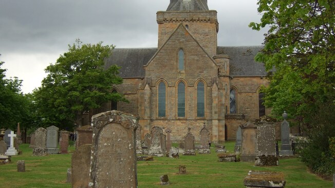 A graveyard with headstones
