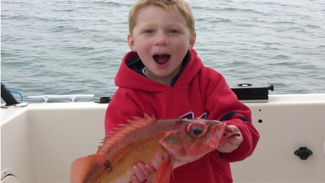 Young boy holding a fish smiles into the camera