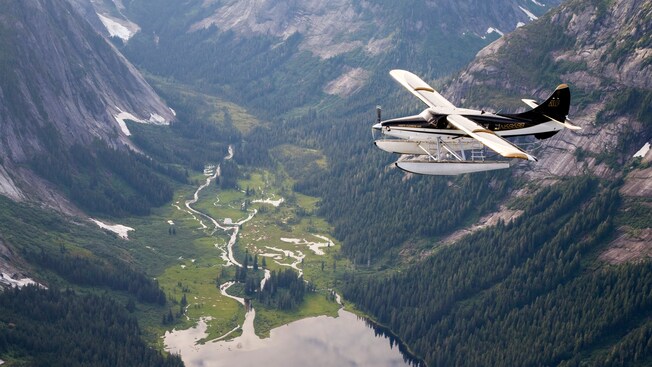 A seaplane flies over a fjord flanked by jagged rocks and pine trees A seaplane flies over a fjord flanked by jagged rocks and pine trees