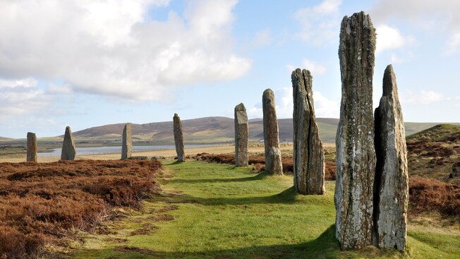 Large slabs of stone jutting out of grass covered ground in a circular pattern