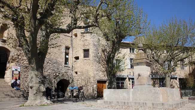 A fountain near trees, bicycles and buildings