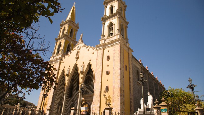 The Cathedral Basilica of the Immaculate Conception flanked by statues, trees and a fence