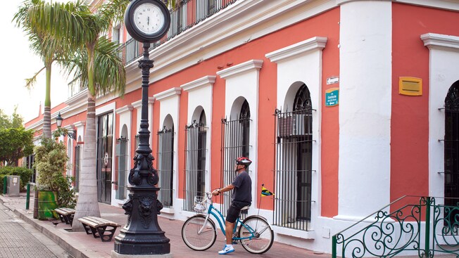 A man wearing a helmet sitting on a bike by a building