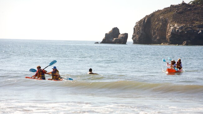 People wearing life vests paddling in kayaks