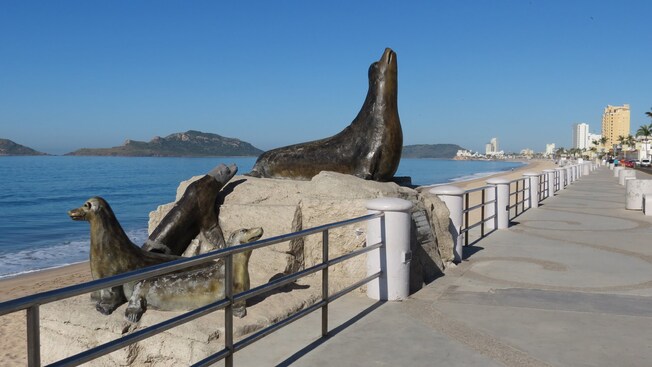 Sculptures of sea lions on a rock located along a beach boardwalk