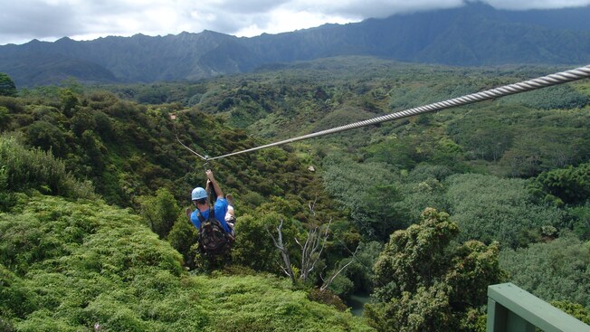 A man rides a long zipline over a dense forest