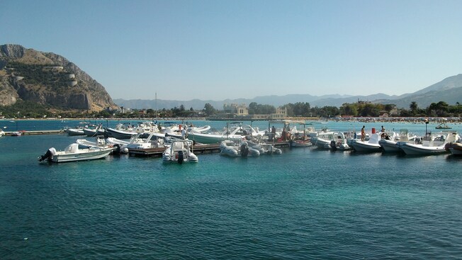 Motorboats docked in a bay