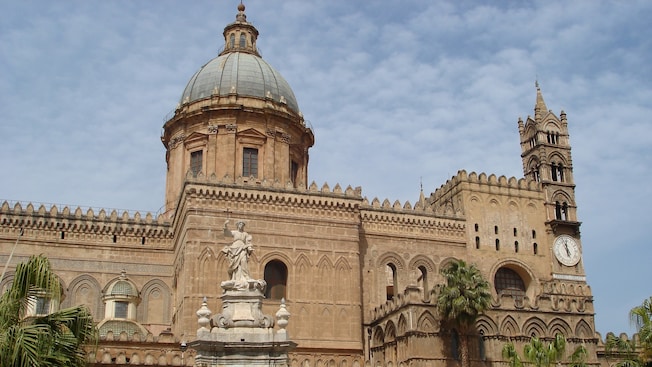 The façade of Palermo Cathedral reveals a dome, a watch tower and Arab, Gothic and neoclassical accents The façade of Palermo Cathedral reveals a dome, a watch tower and Arab, Gothic and neoclassical accents