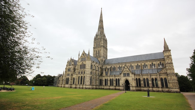 Lawn and vegetation surround the stone Salisbury Cathedral Lawn and vegetation surround the stone Salisbury Cathedral