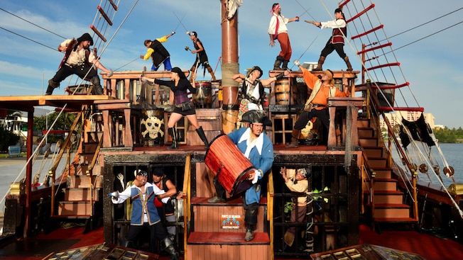 Pirate characters in various sword wielding poses aboard a pirate ship Pirate characters in various sword wielding poses aboard a pirate ship