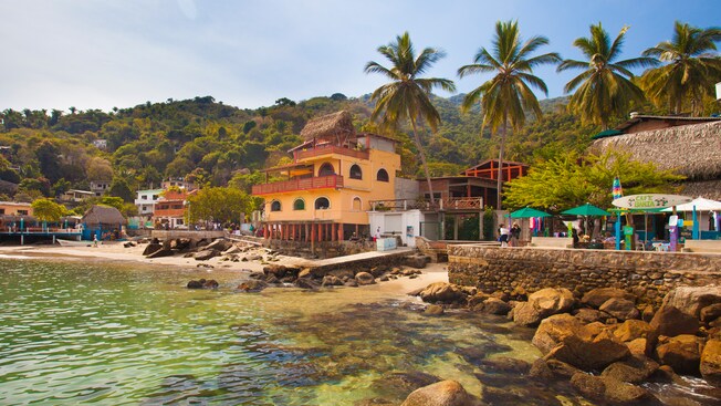 A lush Mexican village situated on the shores of a rocky beach