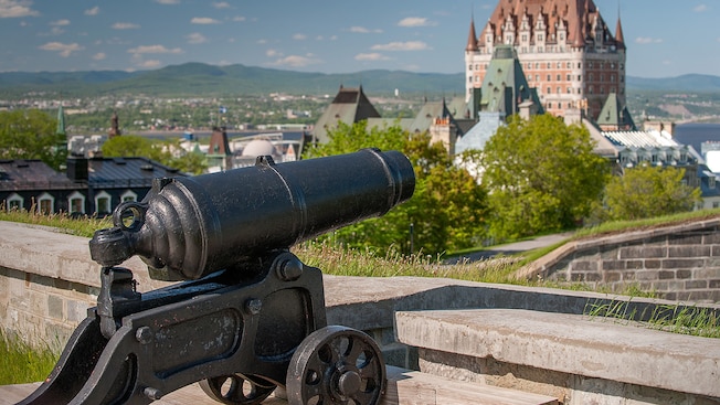 A cannon on a wall near trees and buildings A cannon on a wall near trees and buildings