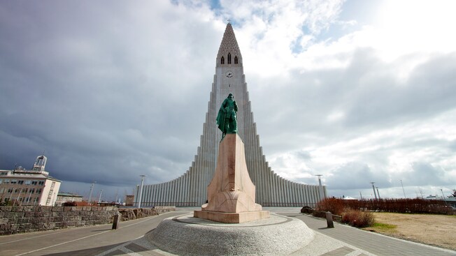 The towering Hallgrimskirkja Church in Reykjavík, Iceland dominates the skyline