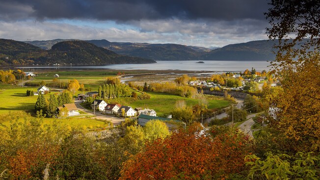 Farms and forests lining the coast of an expansive waterway, with mountains in the distance