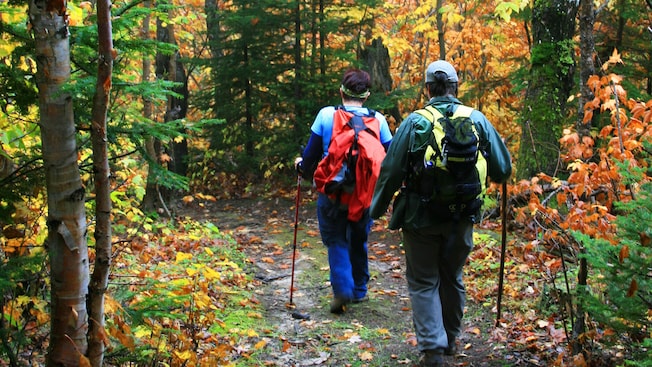 A man and a woman hiking the trail A man and a woman hiking the trail