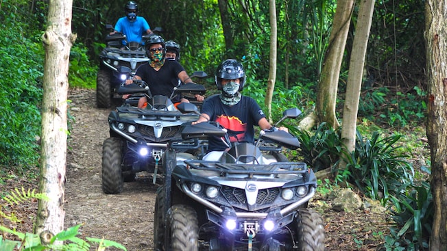 People wearing helmets riding ATVs through a wooded area People wearing helmets riding ATVs through a wooded area