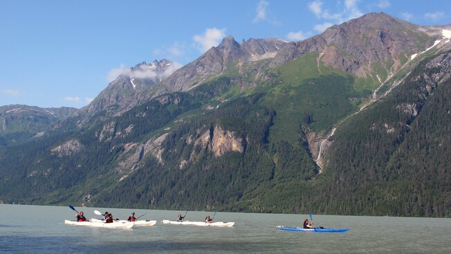 Un grupo de personas pasea en kayak por una boscosa cadena montañosa