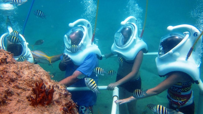 Tropical fish swim around 4 helmet divers walking around a handrail next to a reef Tropical fish swim around 4 helmet divers walking around a handrail next to a reef