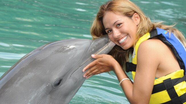 A woman smiles as she gets a kiss on the cheek from a friendly dolphin