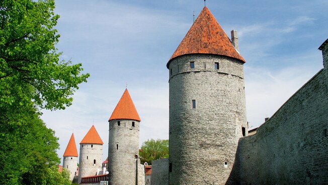 A series of 4 medieval towers built into a city wall