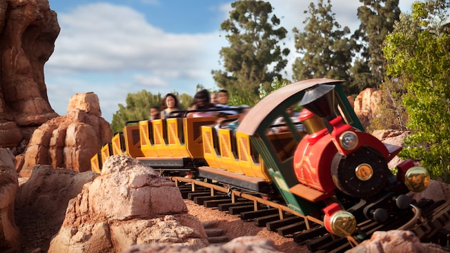 The Big Thunder Mountain Railroad train comes around a thrilling bend