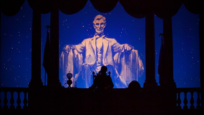 A still from the film that starts the Disneyland Story presenting Great Moments with Mr. Lincoln