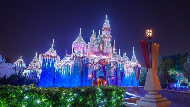 Sleeping Beauty Castle decorated with holiday lights at Disneyland Park