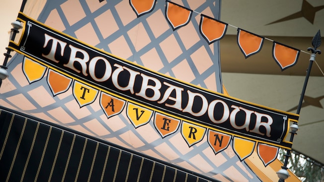 Sign for Troubadour Tavern, a Fantasyland Restaurant at Disneyland Park