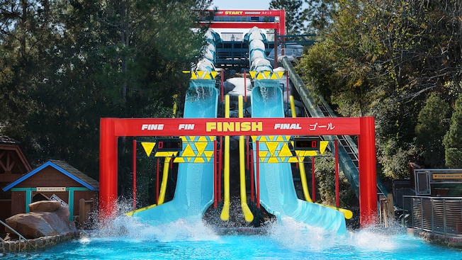 The side-by-side waterslides of Downhill Double Dipper, looking up from the finish line