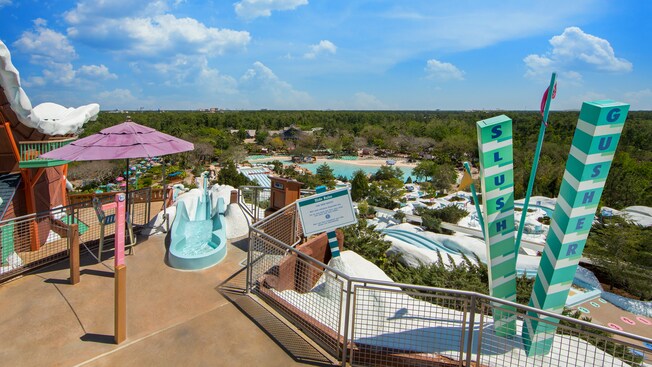 A Slush Gusher sign at the start of the waterslide 