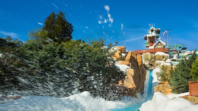 Summit Plummet, the park's near-vertical waterslide, sits high atop Mount Gushmore