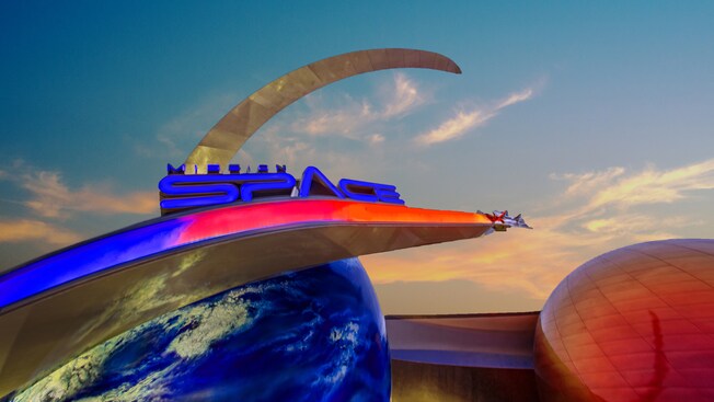 The iconic Mission: SPACE sign with a spaceship streaking around Earth at EPCOT