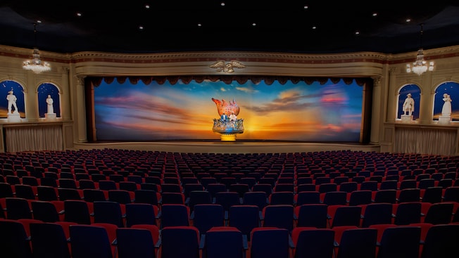 The American Adventure's theater with a long, shallow stage inside the pavilion at Epcot