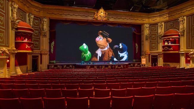 Kermit the Frog, Fozzie Bear and Gonzo onscreen at Muppet*Vision 3D theater