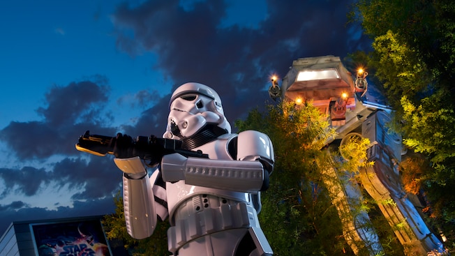 A storm trooper outside Star Tours: The Adventures Continue at Disney’s Hollywood Studios