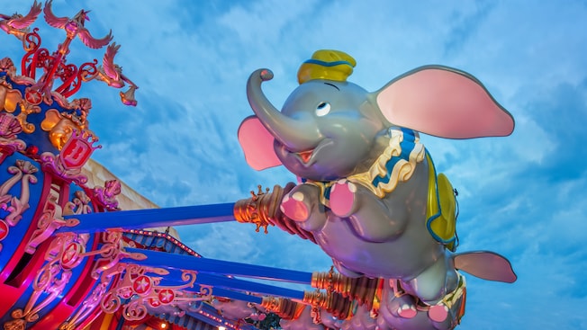 A Dumbo gondola flies high at Dumbo the Flying Elephant