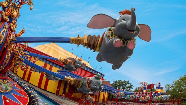 A Dumbo gondola flies high at Dumbo the Flying Elephant