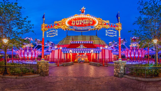 A nighttime view of the colorful entrance to Dumbo the Flying Elephant in Magic Kingdom park
