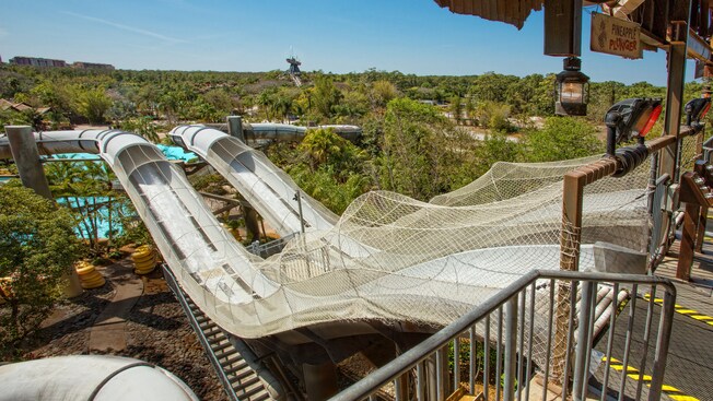 Two of the 3 flumes at Crush 'n' Gusher, with Mount Mayday on the horizon