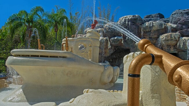 A water cannon squirts the S.S. Squirt tugboat in a water play area at Ketchakiddee Creek