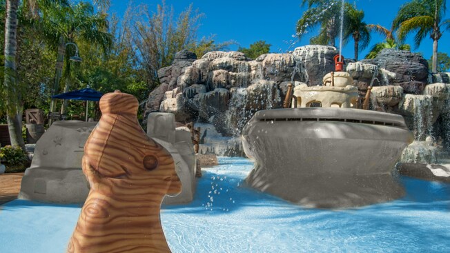 The water play area at Ketchakiddee Creek, featuring a playful squirting seal statue