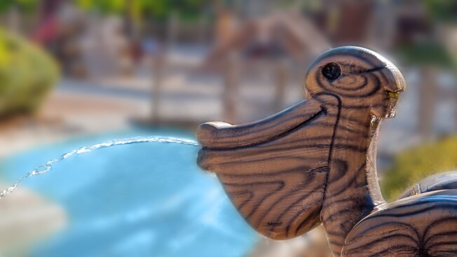 A pelican fountain that squirts water from its mouth at Ketchakiddee Creek