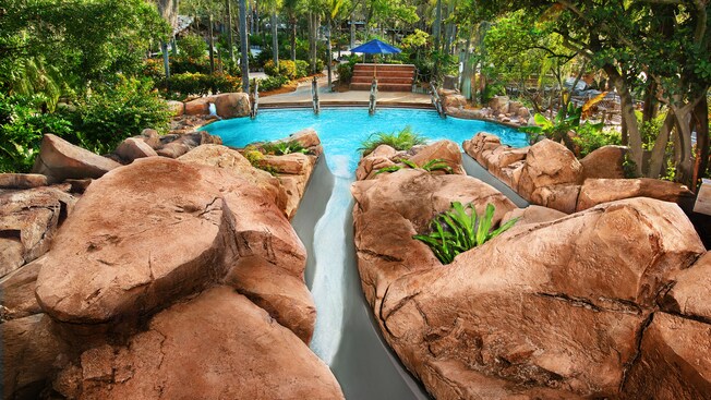 Waterslides at Storm Slides emptying into a pool in Disney's Typhoon Lagoon pool 