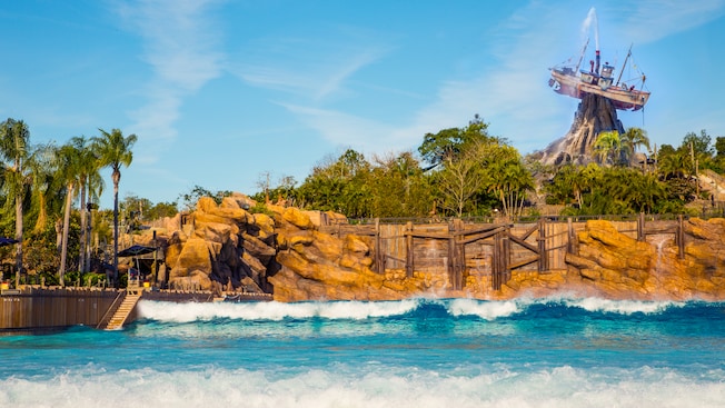 Disney's Typhoon Lagoon Surf Pool with Mount Mayday in the background