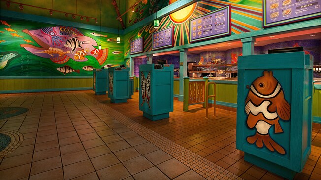 Ordering area with service counter and menu posted above, and animals painted on check-out stands