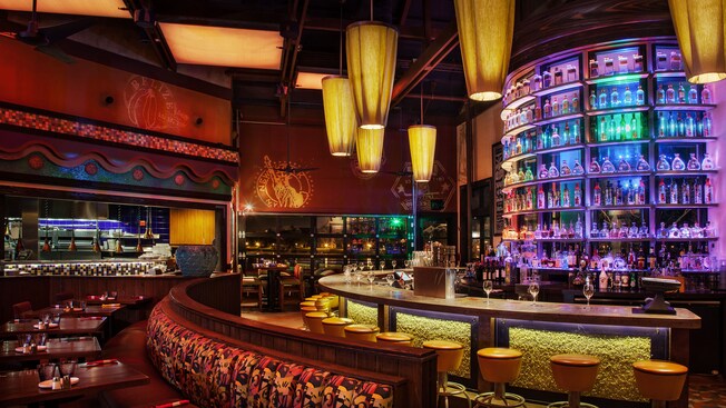 Semicircular bar and barstools in front of a lit bar-to-ceiling display of 37 varieties of tequila