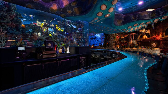 El mostrador azul acuático del bar bajo el mar y el tanque de peces largo como la barra